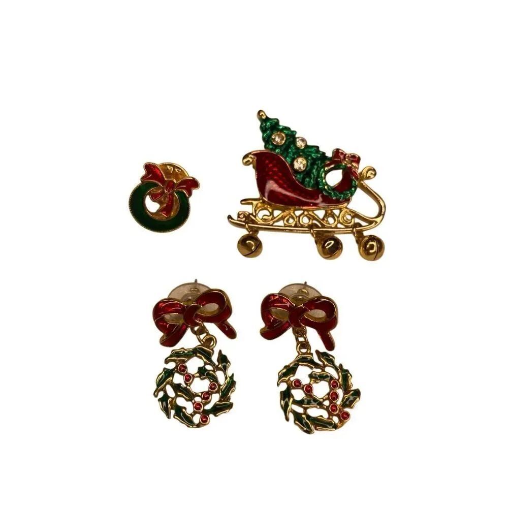 Christmas Sleigh Pin Wreath Pin and Holly Wreath Dangle Earrings Festive Jewelry